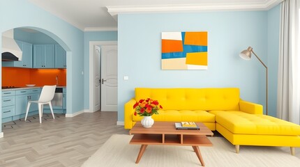 An integrated space with a yellow and orange living room connected by an arch to a vibrant blue kitchen. A modern and inviting contrast for residential spaces.