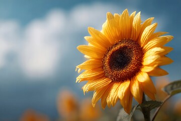 Sunflower in focus golden petals dark center sky background with clouds