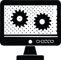 Computer monitor displaying two black gears and a stippled pattern symbolizing digital processing and machine work