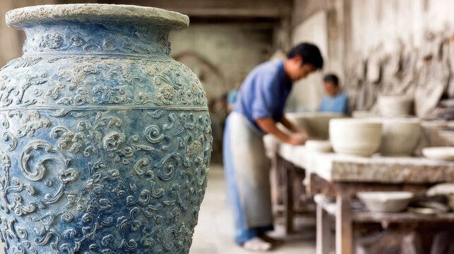 Closeup of a handcrafted ceramic vase with intricate patterns in sharp focus set against a softly blurred artisan workshop background highlighting unique craftsmanship.