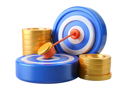 Target with stacks of coins isolated on transparent background, achieving financial goals - Powered by Adobe