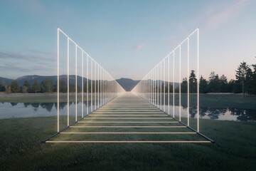 Fototapeta premium Photo of a futuristic pathway made of glowing white light tubes stretches across a grassy field towards a distant mountain