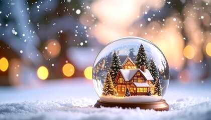 Snow globe with cozy house and pine trees on snowy surface, glowing bokeh background, festive winter scene.