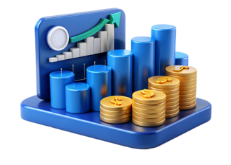Blue bar graph with upward arrow and gold coins isolated on transparent background