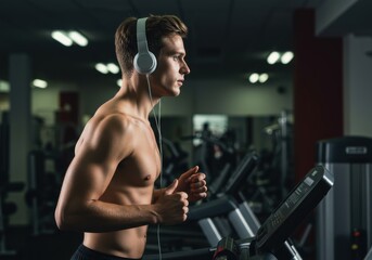 Man running on a treadmill in the gym while listening to music with headphones.