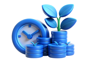 Time is money concept with clock, plant, and coins isolated on transparent background