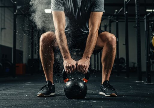 Man performing a kettlebell squat in a modern gym setting.