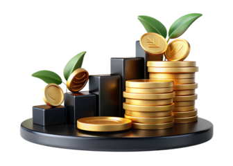 Stacks of coins with plants growing on a podium isolated on transparent background