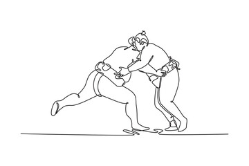 Continuous one line drawing two massive Sumo wrestlers locked in a low, deep grapple, fiercely pushing against each other for leverage in the ring. Single line draw design vector graphic illustration