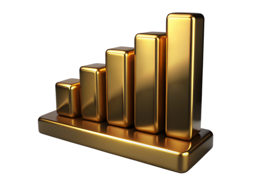 Golden bar graph isolated on transparent background showing financial growth