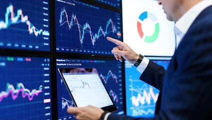Financial Analyst Examining Stock Market Data on Multiple Screens.