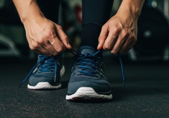 Man tying his shoelaces before a workout at the gym