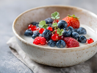 Fresh berries in yogurt served in a rustic bowl, perfect for healthy eating.