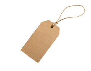 A blank brown kraft paper tag with angled corners and a twine string, isolated on a white background.