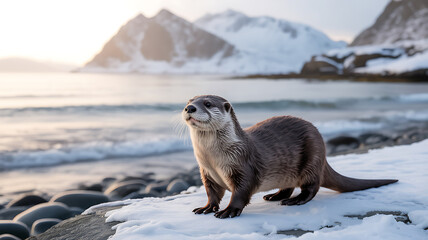 Cute River Otter by the Coast with Snowy Background Scene