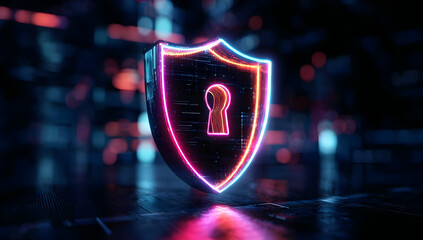 Futuristic shield with a keyhole, symbolizing digital security and protection.
