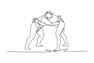 Single continuous line drawing two massive Sumo wrestlers locked in a head-to-head grapple, immense force and intense, close-quarters combat of sport. one line draw graphic design vector illustration