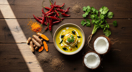 Rustic Flat Lay of Curry Dish with Fresh Chili Peppers, Turmeric, Cumin, Coconut, and Cilantro on Wooden Table