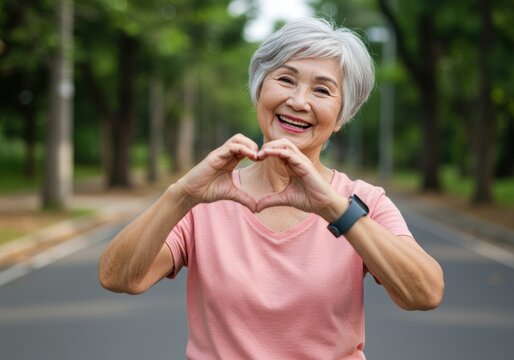 Smiling senior woman making a heart shape with her hands outdoors.