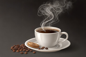 Hot Coffee Cup With Steam and Coffee Beans on a Dark Background