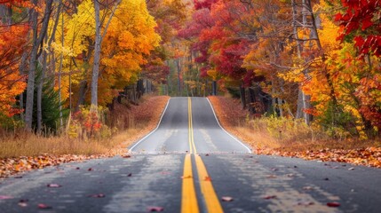 A Scenic Autumn Road Lined with Trees Displaying Vibrant Fall Colors