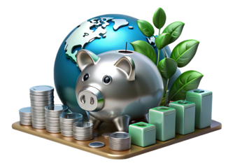 Piggy bank with globe and coin isolated on transparent background