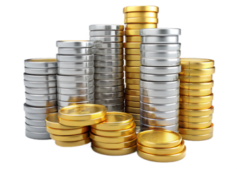Stacks of gold and silver coins isolated on transparent background are shown