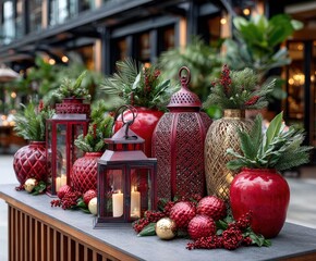 Elegant Christmas outdoor decoration with red lanterns and berries for holiday ambiance