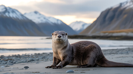 Adorable River Otter on Snowy Coast Wildlife Photography