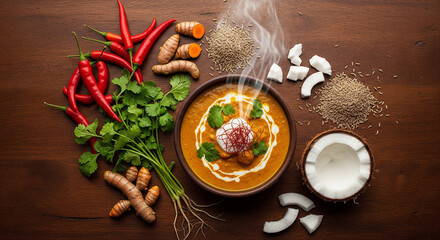 Rustic Flat Lay of Curry Dish with Fresh Chili Peppers, Turmeric, Cumin, Coconut, and Cilantro on Wooden Table