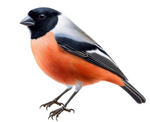 A vibrant bullfinch isolated on transparent background, showcasing its striking orange breast, black cap, and grey back, perched gracefully with delicate feet and a keen eye