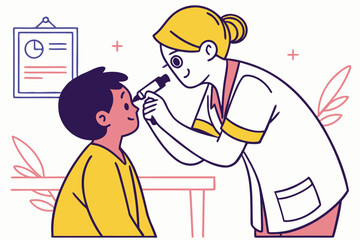 A female doctor examining a young boy's nose with medical instrument in a doctor's office setting
