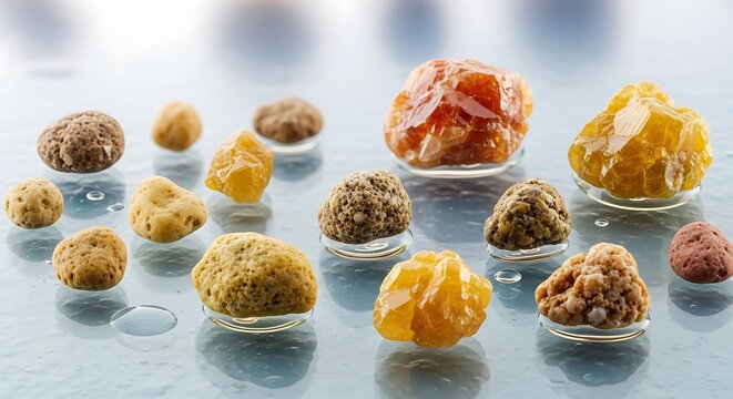 Kidney stones or gallstones close up on blue surface