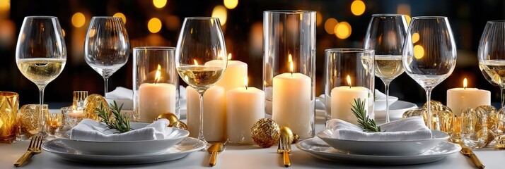 Elegant dinner table setting with candles and wine glasses for a festive occasion