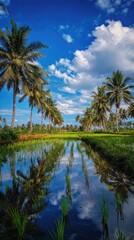 Tropical landscape featuring palm trees, water reflection under a blue sky