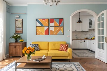 An integrated space with a yellow and orange living room connected by an arch to a vibrant blue kitchen. A modern and inviting contrast for residential spaces.