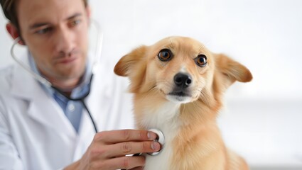 photograph of a veterinarian in a clean veterinary clinic, carefully checking a small dog&rsquo;s heartbeat with a stethoscope. 