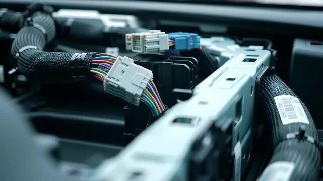 Electrical wiring, harnesses, and connectors inside a vehicle frame.