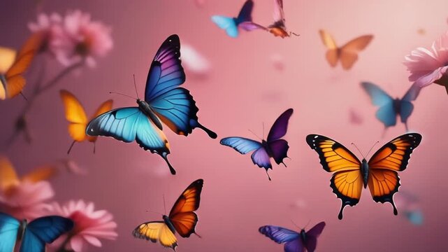 Ultra HD cinematic footage of vibrant butterflies flying gracefully against a seamless pastel pink background with natural beauty delicate motion and calming mood perfect for nature branding wellness 