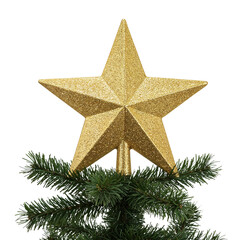 Fototapeta premium Golden glitter star topper adorns realistic christmas tree branch symbolizing celebration isolated on transparent background