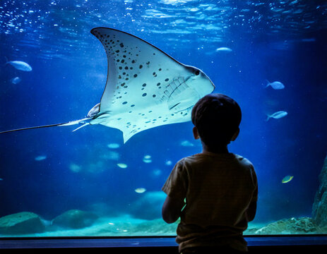 Petit gar&ccedil;on, enfant, de dos face &agrave; une raie pastenague dans un aquarium