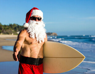 P&egrave;re No&euml;l sur une plage, face aux vagues, planche de surf &agrave; la main