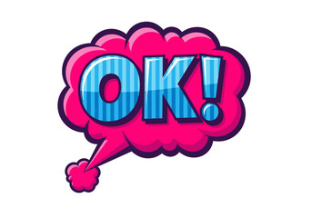 Bright pink comic speech bubble with blue striped text reading OK! - graphic design element