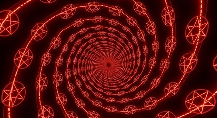 A spiraling tunnel of glowing red circles and pentagrams creates an otherworldly, hypnotic visual effect.