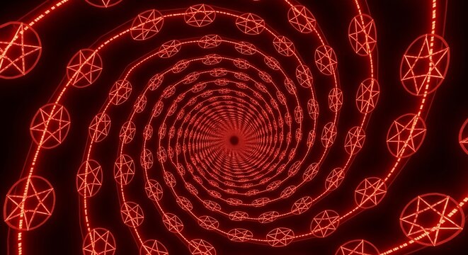 A spiraling tunnel of glowing red circles and pentagrams creates an otherworldly, hypnotic visual effect. - Powered by Adobe