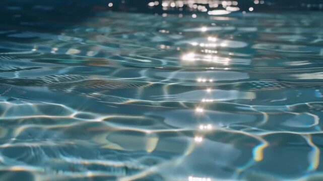 Sunlight glinting off the surface of a swimming pool, creating shimmering patterns of light and shadow on the water.