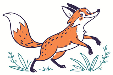 Cartoon Style Orange Fox Jumping Through Grass with White Tipped Tail