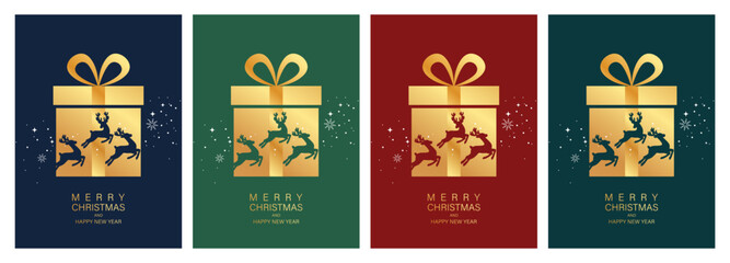 Merry Christmas and Happy New Year! Reindeer with gifts in the background. Luxurious brochure covers, cards, greetings, posters, a set of holiday vector illustrations.