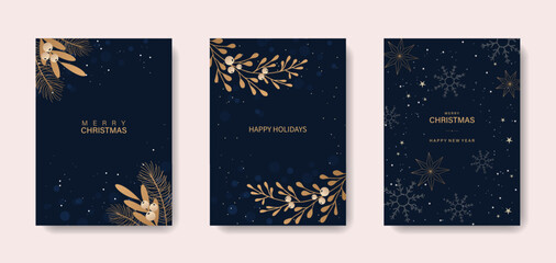 Merry Christmas and Happy New Year. Luxury greeting cards or invitations with a golden Christmas tree on a blue background.