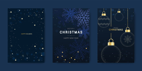 Merry Christmas and Happy New Year greeting card with a golden glittering Christmas tree ball, snowflakes, and stars. Vector illustration.